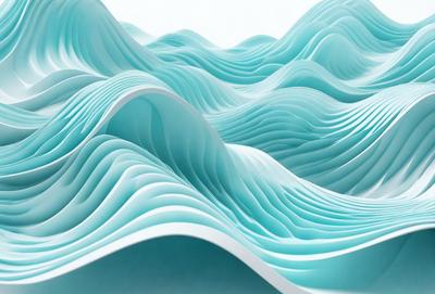 The primary subject of the image is a large, three-dimensional sculpture of a wave. The sculpture is made of a blue material, giving it a unique and eye-catching appearance. The setting is a white background, which helps to emphasize the sculpture's shape and form. The visual style of the image is a combination of digital art and illustration, creating a striking and artistic representation of the wave. The colors and mood of the image are predominantly blue, which adds to the overall atmosphere and gives the sculpture a sense of calmness and tranquility.