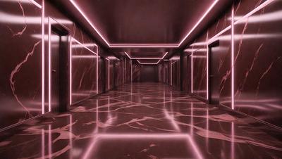 The image features a long, narrow hallway with a marble floor. The hallway is illuminated by pink neon lights, creating a unique and visually striking atmosphere. The primary subject of the image is the hallway itself, which serves as the main focus of the scene. The setting is a modern, urban environment, with the marble flooring and pink neon lights contributing to the overall aesthetic. The visual style of the image is a combination of photo and digital art, with the pink neon lights adding a touch of digital manipulation to the scene. The colors and mood of the image are predominantly pink and warm, evoking a sense of luxury and sophistication.