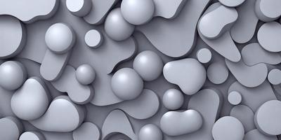 The primary subject of the image is a large, intricate pattern made up of various shapes and sizes of balls. The setting is a gray background, which contrasts with the balls, creating a visually striking scene. The visual style is a combination of digital art and illustration, giving the image a unique and artistic appearance. The dominant colors are gray and white, with the balls being the main focus and creating a sense of depth and complexity in the pattern.