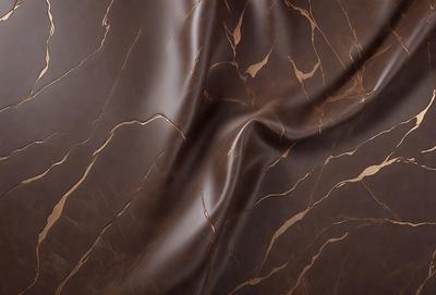 The primary subject of the image is a brown leather material, possibly a piece of leather furniture or a leather-like fabric. The setting is a room with a wall that features a patterned wallpaper. The visual style is a close-up of the leather material, showcasing its texture and details. The colors and mood of the image are warm and earthy, with the brown leather material being the dominant color.