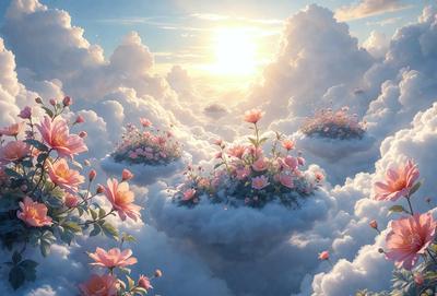 The primary subject of the image is a beautifully illustrated scene of flowers floating in a cloudy sky. The setting is a whimsical, dreamy atmosphere with a backdrop of clouds. The visual style is a combination of digital art and illustration, creating a vibrant and lively scene. The colors are predominantly pink and white, giving the image a soft and delicate mood.