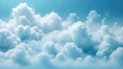 The primary subject of the image is a cloudy blue sky filled with numerous white clouds. The setting is a vast, open sky, and the visual style is a natural, outdoor atmosphere. The colors and mood of the image are predominantly blue and white, creating a serene and peaceful ambiance.