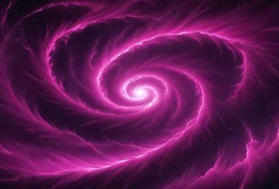 The primary subject of the image is a large, swirling, pink spiral. The setting is a dark, purple background, which contrasts with the bright pink spiral. The visual style appears to be a digital art or illustration, as the spiral is depicted in a detailed and intricate manner. The colors and mood of the image are predominantly pink and purple, creating a sense of depth and complexity.