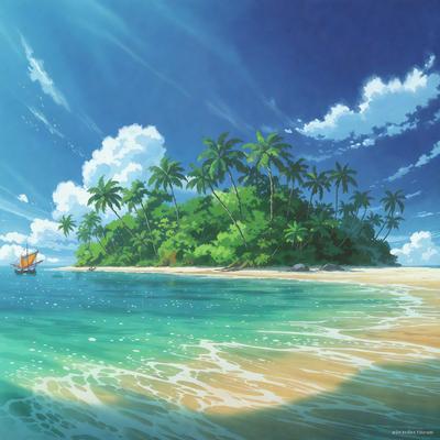 The primary subject of the image is a tropical island with palm trees and a sandy beach. The setting is a beautiful blue ocean, and the visual style is a digital art or illustration. The colors and mood of the image are vibrant and serene, with a focus on the lush greenery and the clear blue water.
