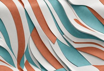The primary subject of the image is a close-up of a leather bag with a striped pattern. The setting is a white background, and the visual style appears to be a photo. The colors in the image are predominantly orange and blue, creating a vibrant and lively atmosphere.
