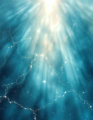 The primary subject of the image is a bright, colorful, and vibrant light source, possibly a sun or a lightning bolt, shining through a blue sky. The setting is a dark, starry background, which contrasts with the bright light source. The visual style of the image is a combination of digital art and illustration, creating a dynamic and captivating scene. The colors and mood of the image are predominantly blue, with the bright light source adding a sense of energy and excitement to the overall atmosphere.