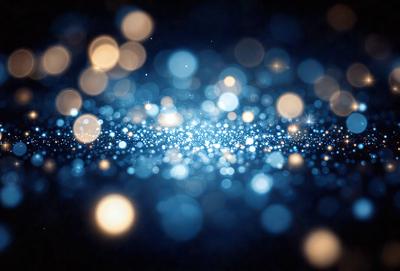 The primary subject of the image is a brightly lit, blue background with a multitude of tiny, white lights. The setting appears to be a dark room, and the visual style is a combination of a photo and digital art. The colors and mood of the image are predominantly blue and bright, creating a sense of depth and a visually appealing atmosphere.