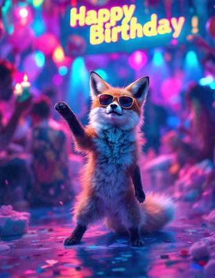 The primary subject of the image is a cartoon fox wearing sunglasses and holding up its paw. The setting is a party with a pink and purple color scheme. The visual style is a digital art or illustration, creating a fun and lively atmosphere. The dominant colors are pink, purple, and orange, which contribute to the festive and celebratory mood of the scene.