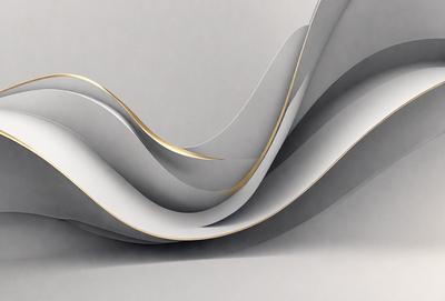 The primary subject of the image is a large, curved piece of paper with a gold stripe. The paper is folded and appears to be a part of a larger design. The setting is a white background, which provides a clean and minimalist appearance. The visual style is a combination of digital art and illustration, as the paper is manipulated to create a unique and eye-catching design. The colors and mood of the image are predominantly white and gold, giving it a sophisticated and elegant feel.
