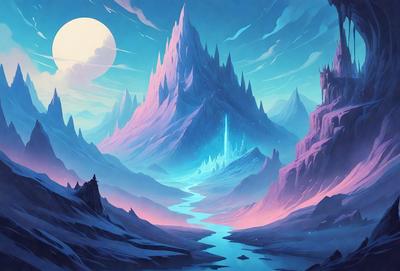 The primary subject of the image is a mountainous landscape with a river flowing through it. The setting is a fantasy world with a blue sky and a castle in the background. The visual style is a digital art illustration, creating a vibrant and colorful atmosphere. The dominant colors are blue and purple, giving the scene a serene and magical mood.