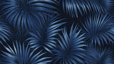 The primary subject of the image is a close-up of a blue and green palm tree. The setting is a dark blue background, which contrasts with the vibrant colors of the palm tree. The visual style is a digital art or illustration, showcasing the intricate details of the palm tree. The dominant colors are blue and green, creating a serene and calming atmosphere.
