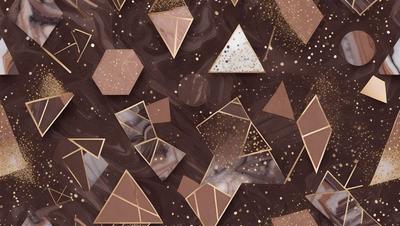 The primary subject of the image is a patterned surface with various shapes and colors. The setting is a brown background, and the visual style appears to be a combination of digital art and illustration. The dominant colors are brown and gold, creating a warm and earthy atmosphere. The overall mood of the image is intricate and visually appealing.