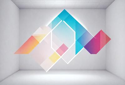 The primary subject of the image is a large, colorful geometric pattern displayed on a white wall. The pattern is composed of various shapes and colors, creating a visually striking and vibrant scene. The setting is a white wall, which serves as a clean and uncluttered backdrop for the pattern. The visual style of the image is a combination of digital art and illustration, showcasing the intricate details and vivid colors of the geometric design. The overall atmosphere of the image is lively and energetic, with the bold colors and patterns evoking a sense of movement and dynamism.