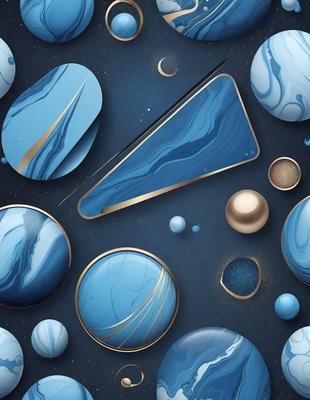 The primary subject of the image is a collection of blue and gold spheres, which are arranged in various shapes and sizes. The setting is a dark blue background, which contrasts with the bright colors of the spheres. The visual style is a combination of digital art and illustration, creating a unique and eye-catching design. The dominant colors are blue and gold, giving the image a sense of elegance and sophistication.