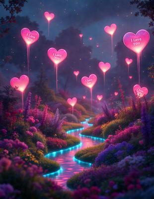 The primary subject of the image is a beautifully lit path surrounded by a forest filled with pink hearts. The setting is a lush, colorful environment with a serene atmosphere. The visual style is a combination of digital art and illustration, creating a whimsical and magical scene. The dominant colors are pink and purple, which contribute to the overall mood of the image, evoking feelings of love and warmth.