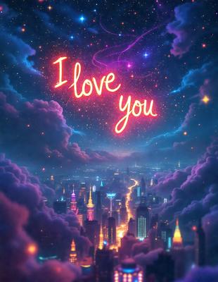 Primary subject: I love you
Setting/background: A purple sky with stars
Visual style: Digital art
Colors and mood: Purple, pink, and blue with a warm and romantic atmosphere