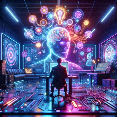 The primary subject of the image is a man sitting at a desk in a room with a computer. The setting is a futuristic environment, possibly a computer lab or a room with a neon-lit atmosphere. The visual style is a combination of digital art and illustration, creating a unique and vibrant scene. The colors and mood are predominantly neon and futuristic, giving the image a sense of technology and innovation.