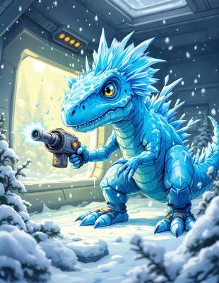 The primary subject of the image is a blue, snow-covered dinosaur holding a gun. The setting is a snowy environment, with the dinosaur standing in the snow. The visual style is a digital art or illustration, creating a unique and imaginative scene. The dominant colors are blue and white, giving the image a cold and icy atmosphere.