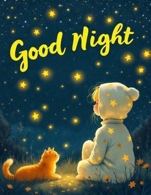 The primary subject of the image is a little girl sitting in the grass at night, looking up at the stars. The setting is a nighttime sky with a few stars visible. The visual style is a digital art illustration, creating a warm and cozy atmosphere. The colors are predominantly dark, with the little girl's outfit being the main source of color.