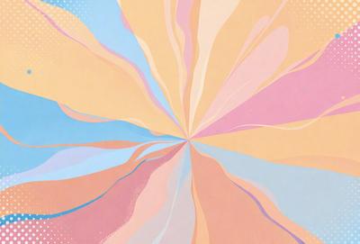 The primary subject of the image is a colorful, abstract flower design. The setting is a colorful background, possibly a painting or a digital artwork. The visual style is a combination of photo and digital art, creating a vibrant and lively atmosphere. The dominant colors are pink, orange, and yellow, which contribute to the overall mood of the image.