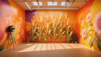 The primary subject of the image is a large painting of tall grass, which is displayed on a wall. The setting is a room with a wooden floor, and the visual style appears to be a painting or drawing. The dominant colors in the painting are orange and yellow, creating a warm and vibrant atmosphere.
