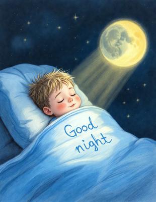 The primary subject of the image is a baby sleeping in a bed. The baby is covered with a blanket, and the scene is set in a bedroom. The visual style of the image is an illustration, with a focus on the baby's face and the surrounding environment. The colors in the image are predominantly blue, creating a calm and soothing atmosphere.