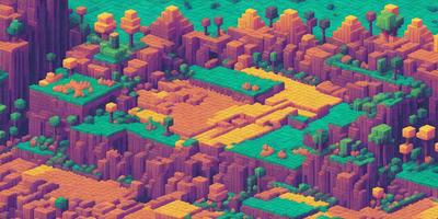 The primary subject of the image is a colorful, pixelated landscape with a mix of green, orange, and purple colors. The setting is a digital art or illustration, possibly a video game or a digital painting. The visual style is unique and eye-catching, with a vibrant atmosphere. The colors and mood of the image are lively and energetic, creating a sense of excitement and adventure.