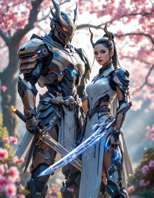 The primary subject of the image is a man and a woman standing next to each other, both holding swords. They are dressed in futuristic armor, which gives the scene a fantasy and sci-fi vibe. The setting appears to be a forest, with pink flowers scattered around the area. The visual style of the image is a digital art or illustration, with the characters and their surroundings depicted in a detailed and colorful manner. The dominant colors in the image are pink and blue, which contribute to the overall atmosphere of the scene.
