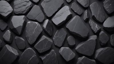 The primary subject of the image is a large black rock. The setting is a black background, which creates a striking contrast with the rock. The visual style is a close-up of the rock, showcasing its texture and details. The colors and mood of the image are dark and dramatic, emphasizing the rock's presence and creating a sense of depth and intensity.