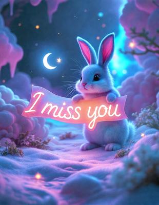 The primary subject of the image is a cute bunny holding a sign that reads "I miss you." The setting is a snowy, pink-colored environment, which adds a whimsical and romantic atmosphere to the scene. The visual style is a digital art or illustration, creating a unique and charming representation of the bunny and its message.