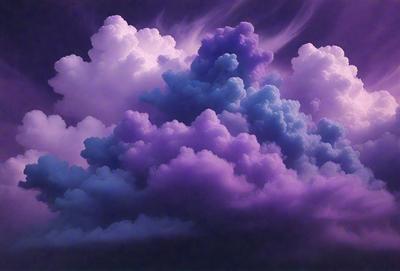The primary subject of the image is a purple cloud with a blue sky in the background. The visual style appears to be a digital art or illustration, as the cloud is depicted in a vibrant and artistic manner. The colors and mood of the image are predominantly purple and blue, creating a serene and calming atmosphere.