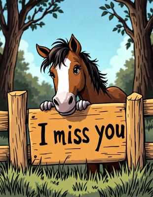 The primary subject of the image is a brown and white horse standing next to a wooden fence. The horse appears to be looking at the camera, creating a sense of connection with the viewer. The setting is a grassy area, providing a natural and serene backdrop for the horse. The visual style of the image is a combination of digital art and illustration, giving it a unique and artistic appearance. The colors in the image are predominantly earthy tones, such as brown, green, and yellow, which contribute to the overall mood of the scene.