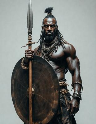 The primary subject of the image is a man holding a wooden shield and a spear. He is dressed in a warrior's outfit, with a beard and long hair. The setting is a dark background, which adds to the dramatic atmosphere of the scene. The visual style is a combination of photo and digital art, creating a realistic yet artistic representation of the warrior. The colors are predominantly dark, with the man's outfit and the shield being the main focus, creating a sense of intensity and power.
