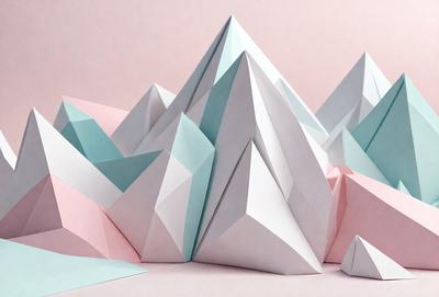 The primary subject of the image is a large, three-dimensional paper sculpture of a mountain. The setting is a pink and blue background, which adds a vibrant and lively atmosphere to the scene. The visual style is a combination of digital art and illustration, as the paper sculpture is created using paper and crafting techniques. The colors and mood of the image are predominantly pink and blue, giving the scene a warm and inviting feel.