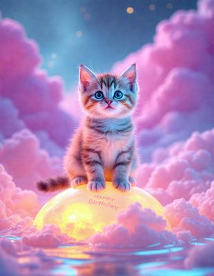 The primary subject of the image is a small kitten sitting on top of a birthday cake. The setting is a pink and purple cloudy sky, which serves as the backdrop for the scene. The visual style is a digital art or illustration, creating a whimsical and playful atmosphere. The dominant colors are pink, purple, and white, with the kitten being predominantly white.