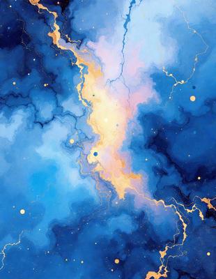 The primary subject of the image is a blue and gold painting of a cloudy sky. The setting is a blue background, and the visual style appears to be a digital art or illustration. The dominant colors in the painting are blue and gold, creating a serene and calming atmosphere.