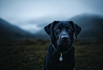 The primary subject of the image is a black dog standing in a grassy field. The dog is wearing a collar and appears to be looking at the camera. The setting is a mountainous area with a foggy atmosphere, creating a moody and dramatic backdrop. The visual style of the image is a black and white photo, which adds to the overall mood and emphasizes the contrast between the dog and its surroundings.