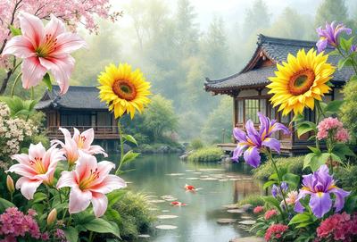 The primary subject of the image is a beautiful garden with a pond, surrounded by a variety of flowers, including sunflowers, lilies, and purple flowers. The garden is situated in front of a traditional Japanese house, which adds a sense of serenity and cultural charm to the scene. The visual style of the image is a combination of photo and digital art, creating a vibrant and lively atmosphere. The colors and mood of the image are predominantly warm and inviting, with the flowers and pond contributing to a sense of tranquility and natural beauty.