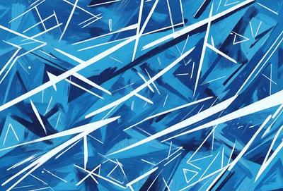 The primary subject of the image is a blue and white pattern, which appears to be a painting or a digital artwork. The setting is a blue background, and the visual style is a combination of digital art and painting. The colors and mood of the image are predominantly blue and white, creating a calm and serene atmosphere.