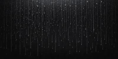 The primary subject of the image is a black background with a large number of raindrops falling on it. The setting is a dark, rainy environment, and the visual style is a close-up of the raindrops on the black background. The colors are predominantly black and white, and the overall atmosphere is moody and atmospheric.