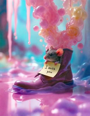 The primary subject of the image is a small mouse sitting inside a purple boot. The setting is a pink and purple background, which adds a whimsical and playful atmosphere to the scene. The visual style is a combination of photo and digital art, creating a unique and creative representation of the mouse in the boot. The colors and mood convey a sense of fun and lightheartedness.