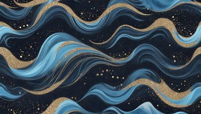 The primary subject of the image is a blue and gold ocean wave. The setting is a dark blue background, which contrasts with the gold and blue colors of the wave. The visual style is a combination of digital art and illustration, creating a dynamic and vibrant scene. The dominant colors are blue and gold, giving the image a serene and calming atmosphere.