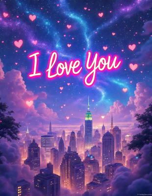 Primary subject: I Love You
Setting/background: City skyline
Visual style: Digital art
Colors and mood: Pink and purple