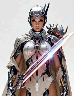 The primary subject of the image is a woman dressed in a futuristic outfit, holding a sword. She is wearing a helmet and a cape, giving her a warrior-like appearance. The setting appears to be a futuristic or fantasy-themed environment, possibly a comic book or video game scene. The visual style of the image is digital art, as it is a detailed and well-rendered illustration. The colors and mood of the image are predominantly dark and dramatic, with the woman's outfit and the sword creating a sense of intensity and action.