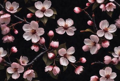 The primary subject of the image is a close-up of a tree filled with pink flowers. The tree is surrounded by a black background, which creates a striking contrast with the vibrant pink flowers. The visual style of the image is a digital art or illustration, as it captures the intricate details of the flowers and their branches. The dominant colors in the image are pink and black, creating a mood of elegance and beauty.