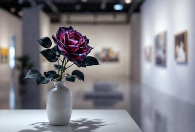 The primary subject of the image is a single purple rose in a white vase. The setting is a white table, and the visual style appears to be a photo. The dominant colors are purple and white, creating a calm and serene atmosphere.