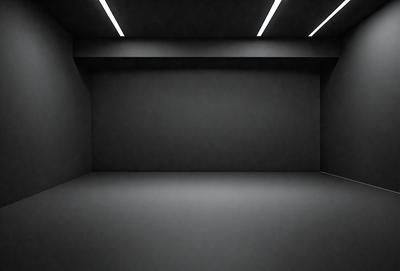 The primary subject of the image is a large, empty room with a black background. The room appears to be a warehouse or a storage area, as it is dark and has a minimalistic design. The setting is a black room with a white floor, which creates a stark contrast between the two. The visual style of the image is a black and white photo, giving it a classic and timeless appearance. The colors and mood of the image are predominantly dark, with the black background and white floor creating a sense of emptiness and simplicity.