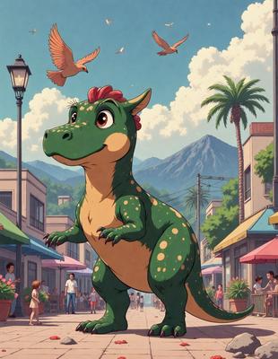 Primary subject: A large green and brown dinosaur with a red head standing in a city street.

Setting/background: The dinosaur is standing in the middle of a city street, surrounded by buildings and people.

Visual style: The image is a digital art or illustration of a dinosaur in a city setting.

Colors and mood: The dinosaur has a vibrant green and brown color scheme, and the overall atmosphere is playful and whimsical.