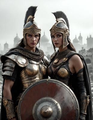 The primary subject of the image is two women dressed in Roman armor, standing next to each other. They are wearing helmets and holding shields, giving the impression of warriors. The setting is a cityscape with buildings in the background. The visual style is a combination of photo and digital art, creating a realistic yet artistic representation of the women. The colors and mood of the image are dominated by gold and red, giving a sense of strength and power.