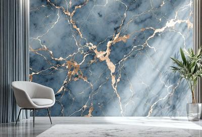 The primary subject of the image is a chair, which is placed in front of a wall with a unique, textured design. The setting appears to be a room with a modern, stylish ambiance. The visual style of the image is a combination of photo and digital art, creating a realistic yet artistic representation of the chair and the wall. The dominant colors in the image are blue and gold, which contribute to the modern and sophisticated atmosphere of the room.